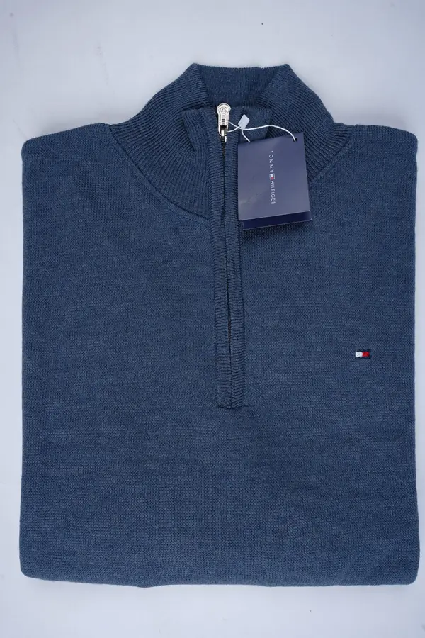 tricot Tommy Demi zip 100 % coton Ref-1G9NV1 ( Bleu )